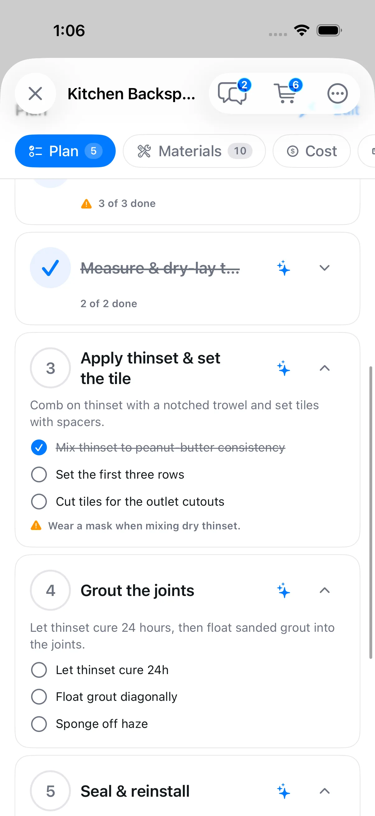Step-by-step project checklist in the Blueprint iOS app