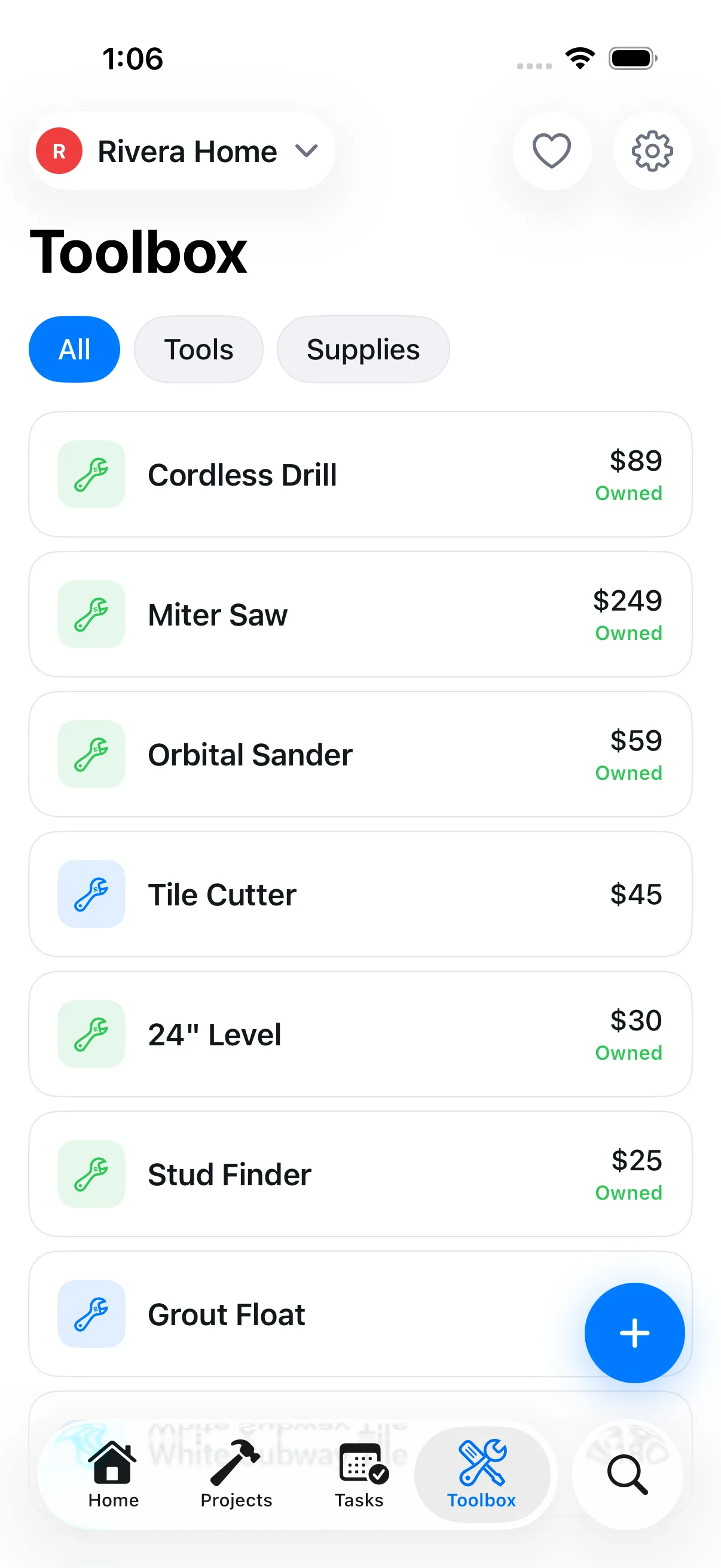Toolbox inventory in the Blueprint iOS app