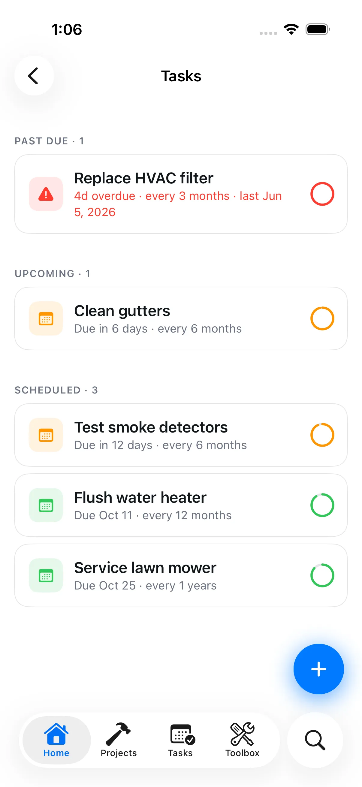 Maintenance schedule in the Blueprint iOS app, with upcoming tasks and due dates
