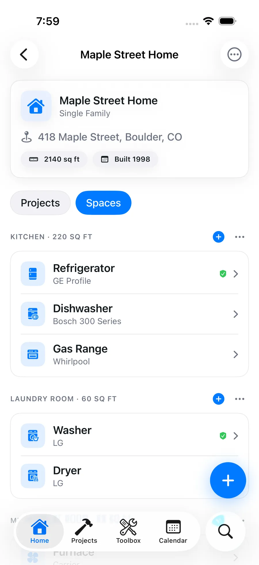 Blueprint iOS app showing a property record with rooms, appliances and home details