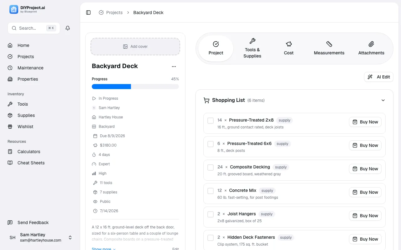 Blueprint AI-generated project plan with steps, materials, cost estimate and schedule