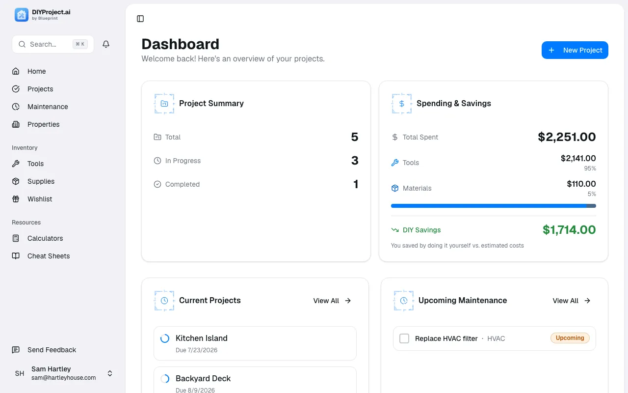 Blueprint dashboard showing a home's active projects, maintenance, and property details